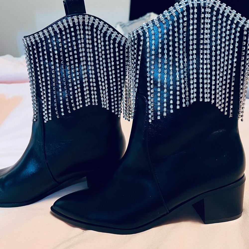 Black and rhinestone cowboy boots